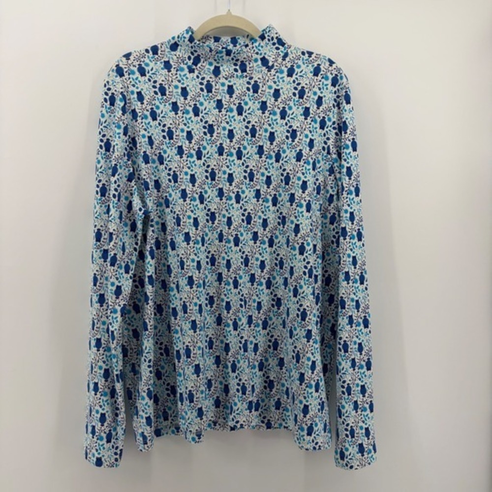Kim Rogers Womens Long Sleeve Mock Neck Owl Floral Print Top XXL Blue White